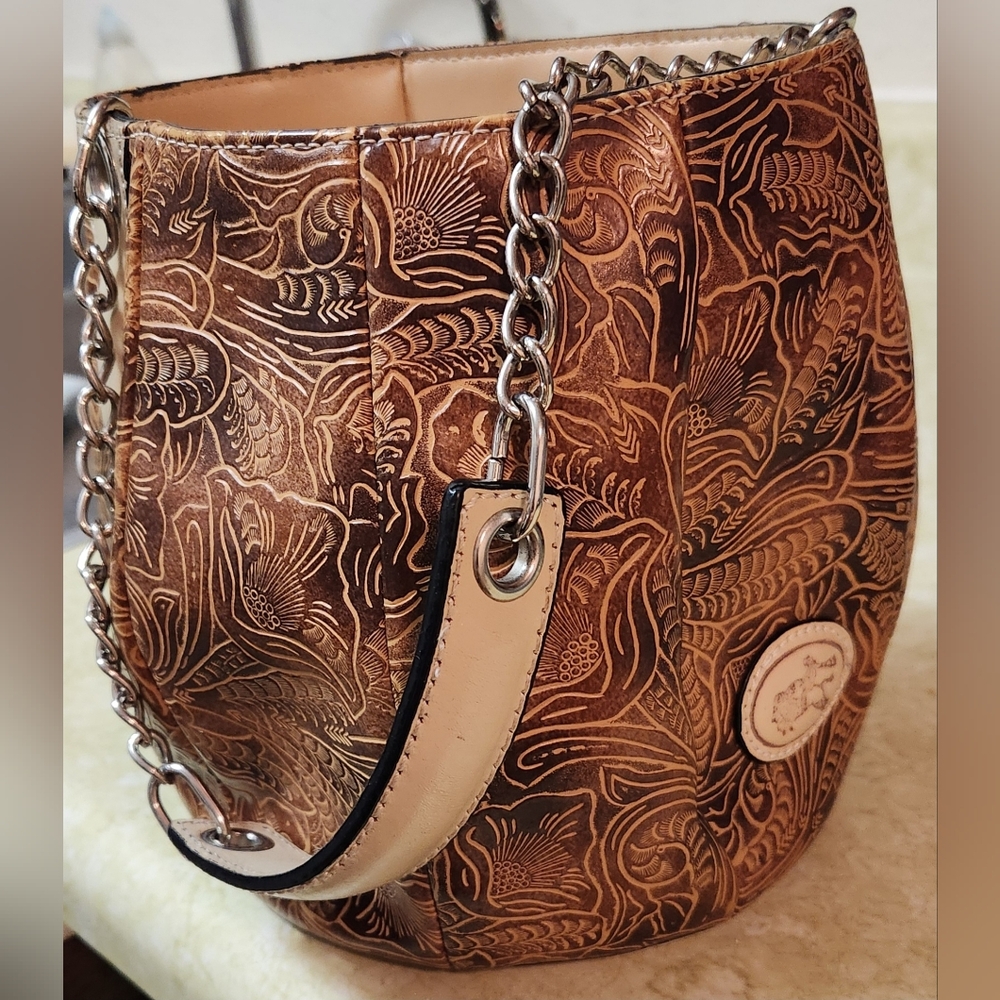 Tooled Leather Brown Floral Mini Bag with Chain Strap
